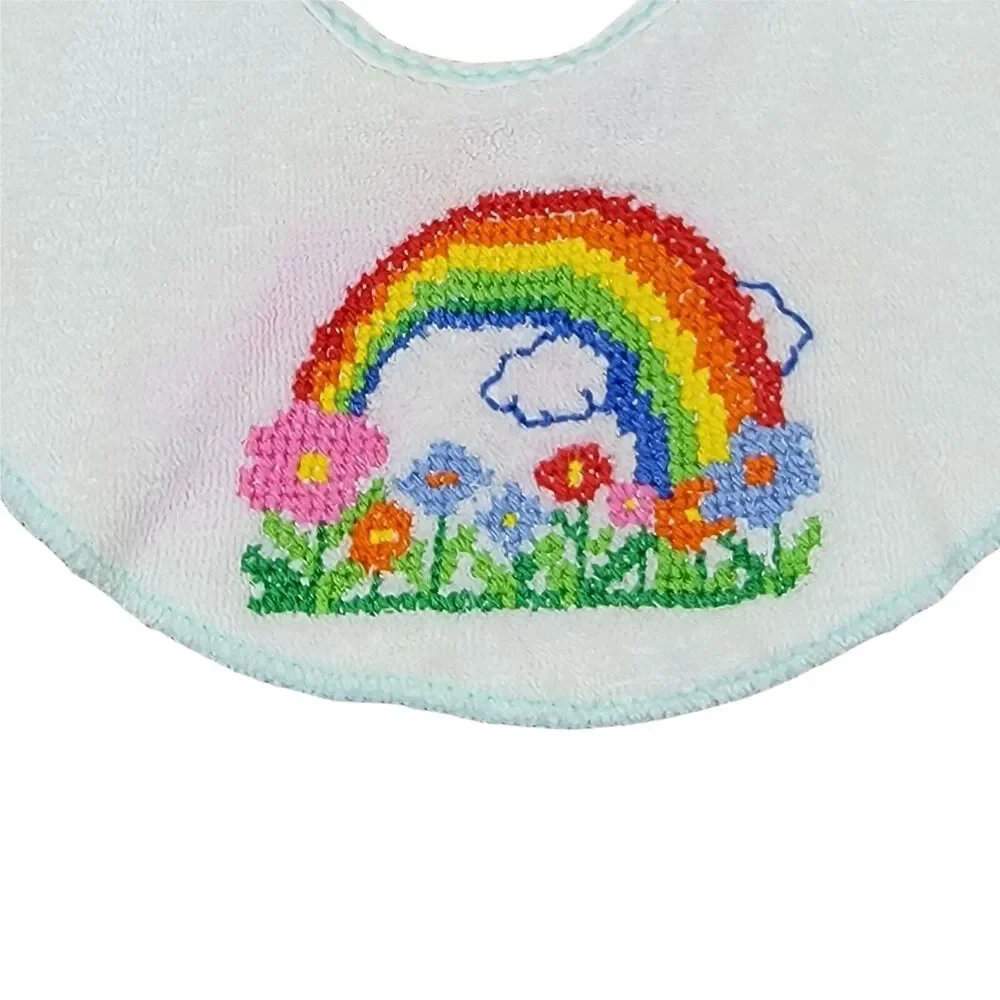 VTG 80s Cross‎ Stitch Bib Rainbow Flowers Terry Cloth White Multi Baby Infant